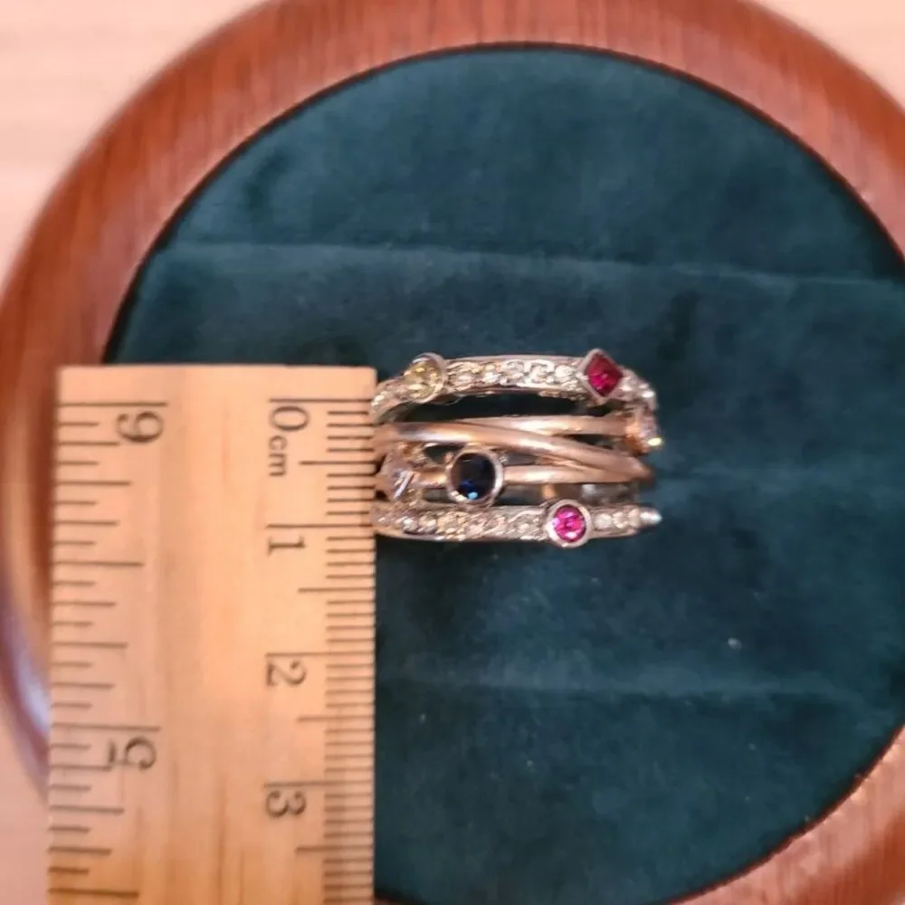 925 Sterling Silver Rainbow CZ Ring Size 6 Multi Color Gem Wide Statement Band